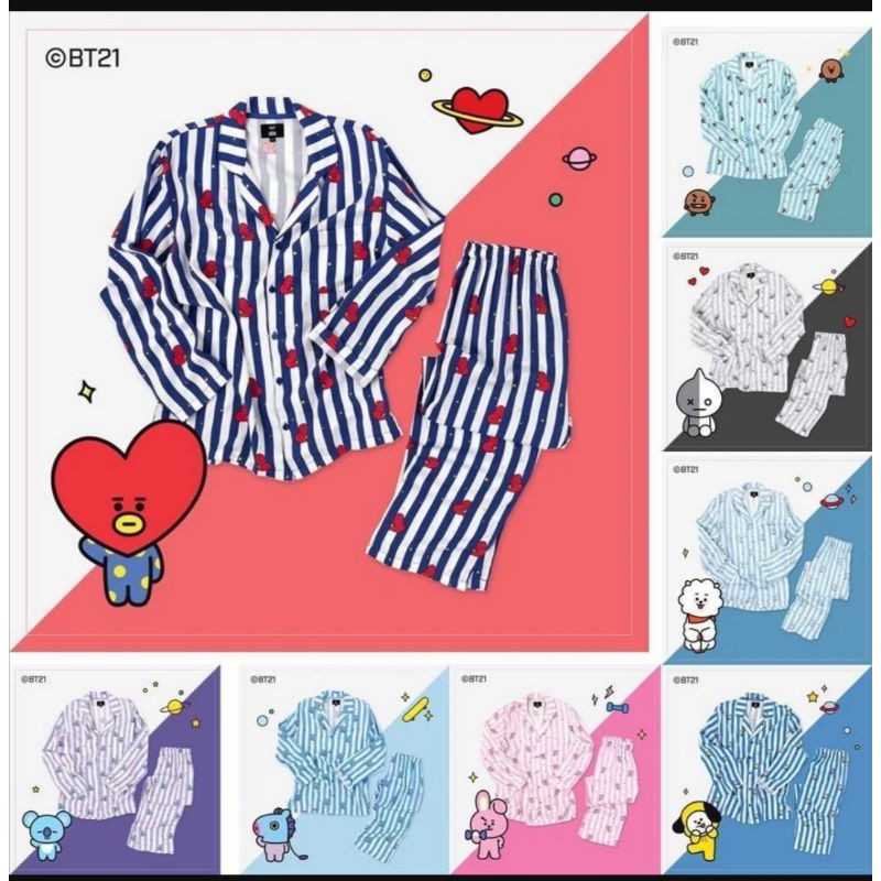 READY STOCK BT21 X HUNT OFFICIAL LINE FRIENDS - STRIPE PAJAMAS PAJAMA PIYAMA CHIMMY COOKY - CODE KH