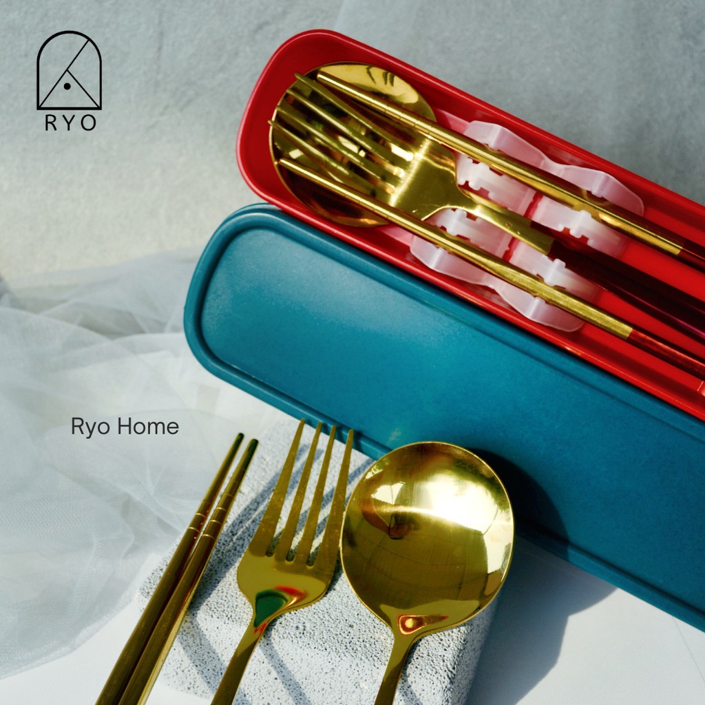 [ RYO ] DIN TRAVEL SET Alat Makan Korea / Sendok Garpu Sumpit dengan Wadah / Spoon Fork Chopsticks /  Peralatan Dapur / Kitchenware-3