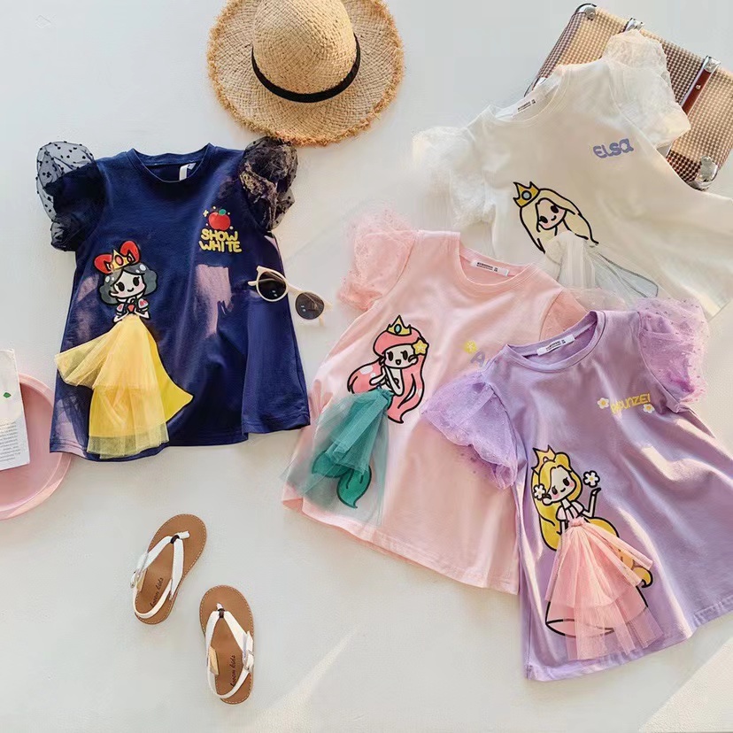 Dress Puff Sleeves anak perempuan Princess Elsa Snow White Mermaid Aurora Model T-shirt/ Dress Kasual