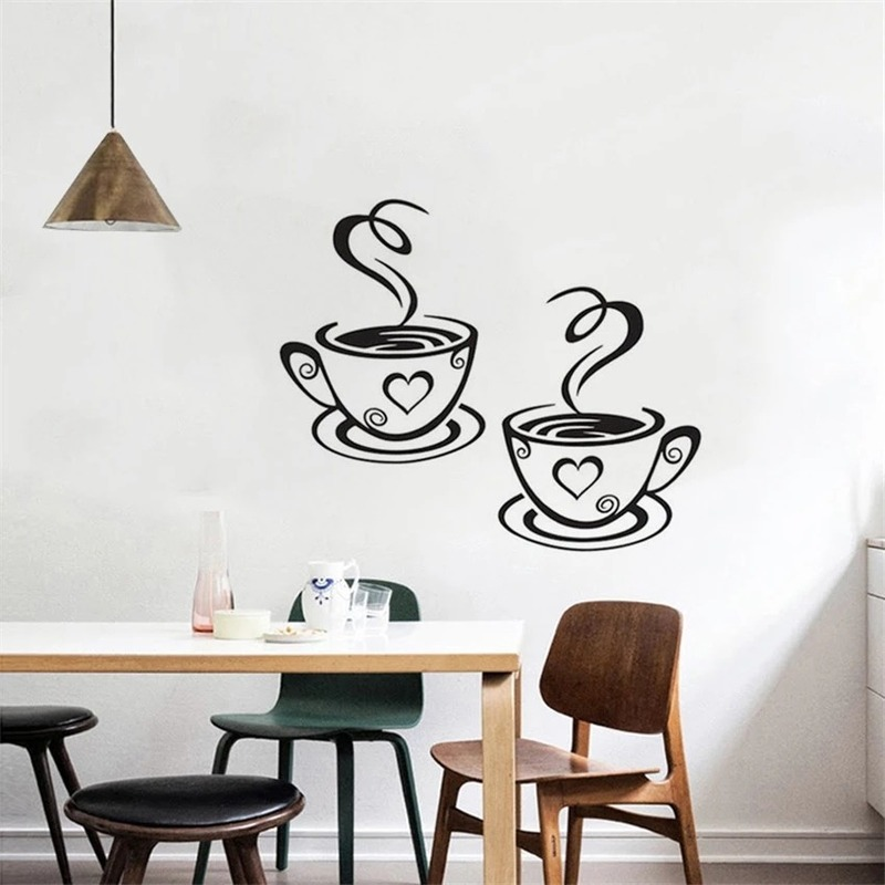 1 Pasang Stiker Dinding Bahan Pvc Motif Kartun Cangkir Kopi / Teh Untuk Dekorasi Rumah / Kantor