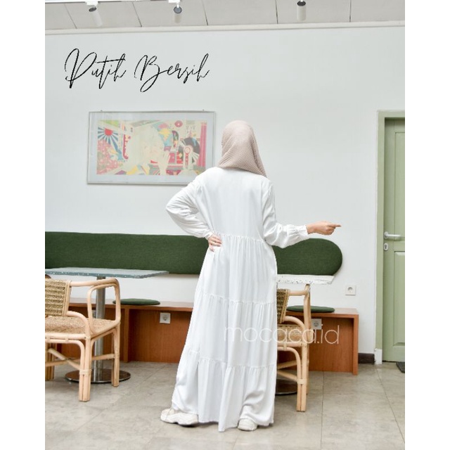 Dress Polos Putih bersih katun rayon twill model rufle babydoll susun ootd hijab busui kancing