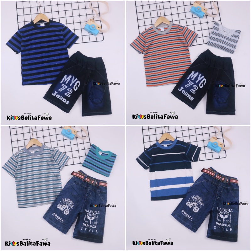 Setelan Salur Jeans uk 3-5 Tahun / Kaos Celana Jeans Anak Cowok Pendek Baju Anak Laki Murah Pakaian