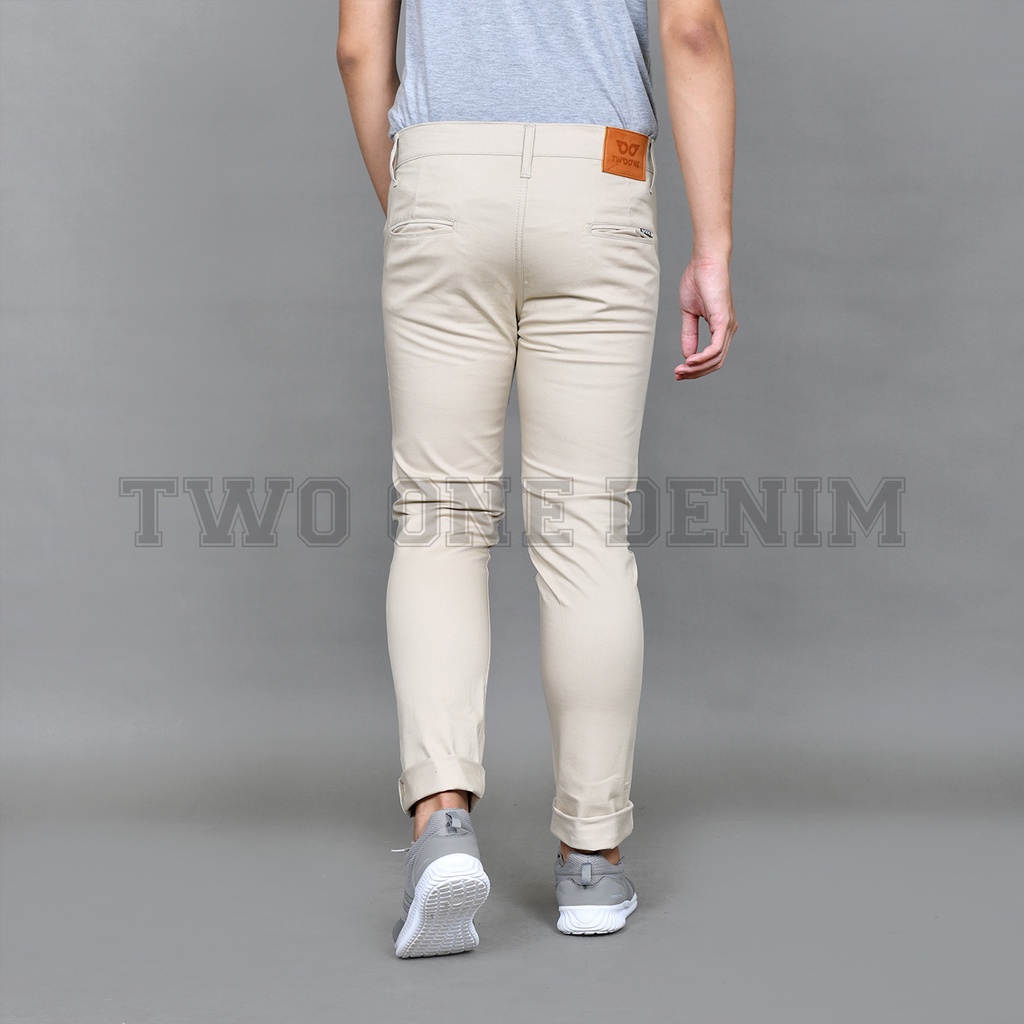 TWO ONE Celana Chino Pria Panjang Slim Fit - Chino Panjang Pria Dewasa Krem