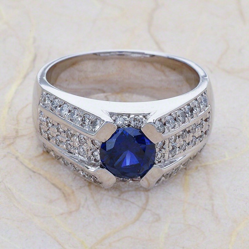 Cincin Zirconium Sapphire Geometris Bahan Stainless Untuk Pria