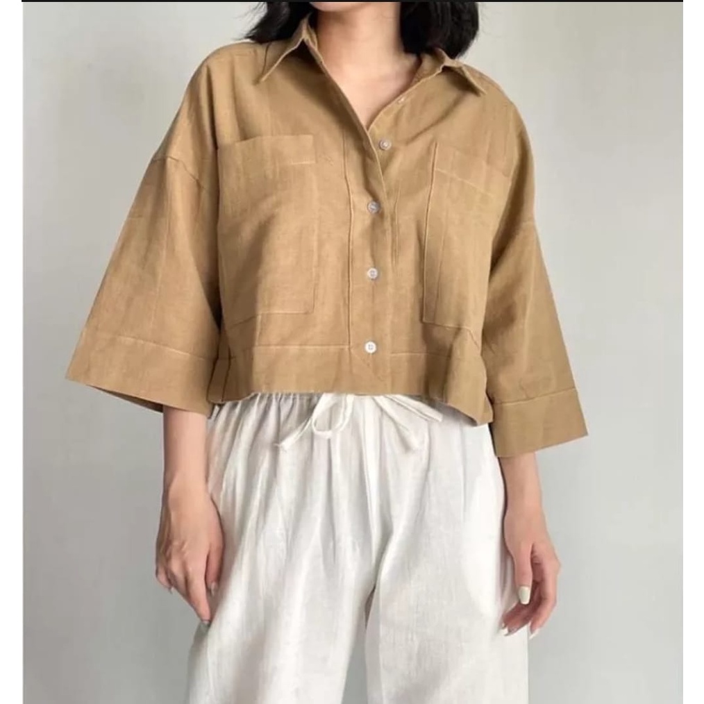 CROPTOP LINEN SHIRT - CROP TOP OVER SIZE /CROPTOP CANTIK / CROPTOP MURAH