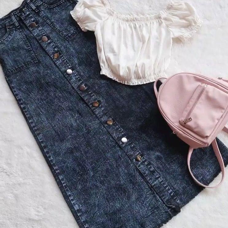 Langsung Atc ROK BUTTON SNOW HITAM // ROK JEANS PANJANG BUTTON UP MAXI SKIRT SNOW BLACK// ROK JEANS 