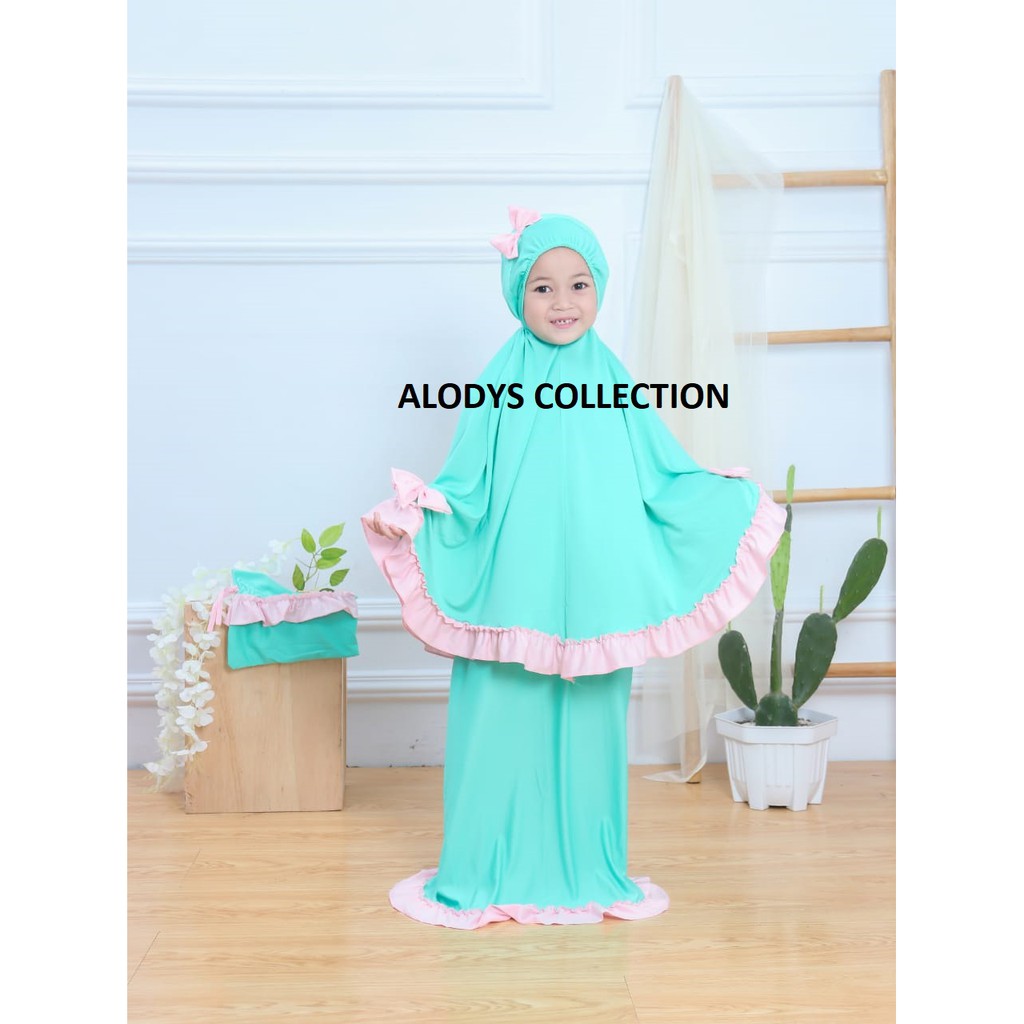 Mukena Anak Variasi Pita 3 Rempel Size M Usia 2-5 Tahun Bahan Jersey Termurah / Alody's Collection