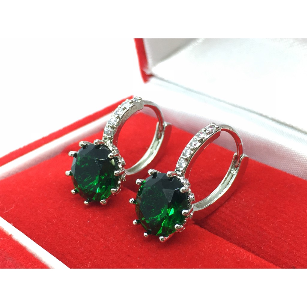 Anting Hoop Silver Batu Hijau Tua Bulat Berlian Fashion Korea - BE070G