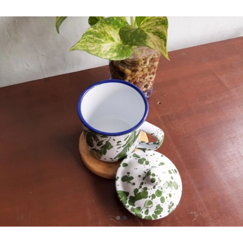 MUG CANGKIR ENAMEL SENG KALENG BLIRIK BURIK BLURIK LURIK LORENG BATIK HIJAU JADUL KUNO ANTIK 8 CM