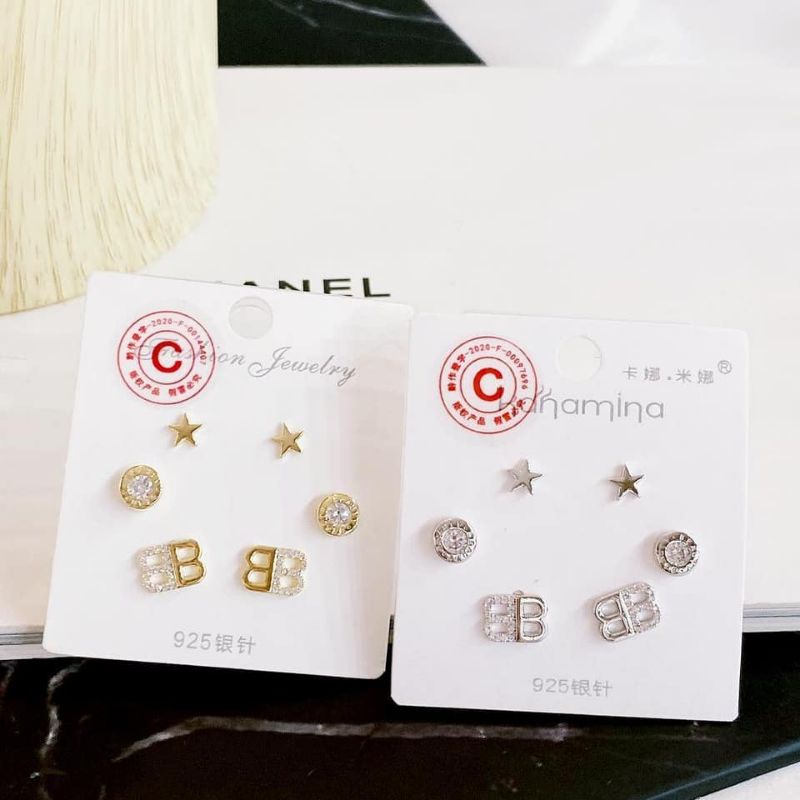 Anting Silver925 Perak Premium Quality isi 3set mata kilau Anti Karat Anti Alergi Earring at04