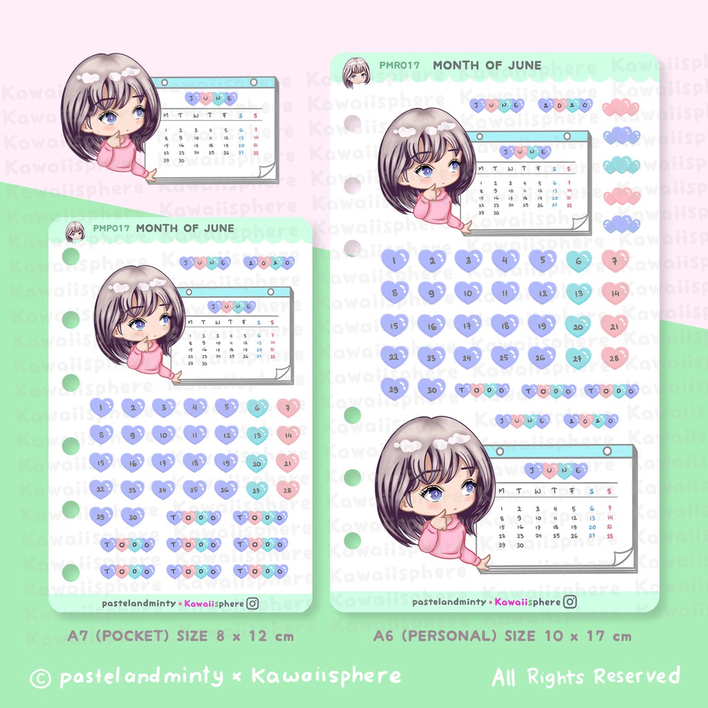 

Month of June| A6/A7 Ring Binder Planner Refill Sticker Pastelandminty
