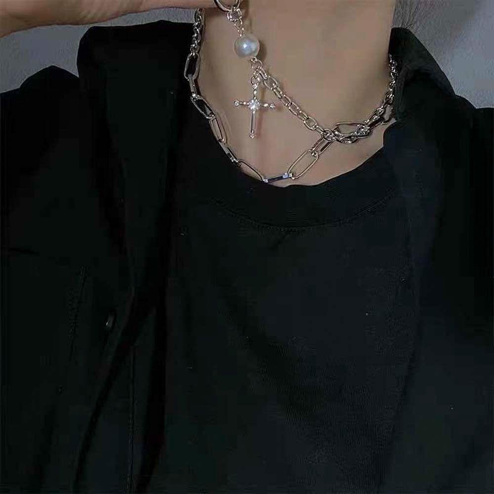 Kalung Choker Rantai Klavikula Liontin Salib Kilau Mutiara Banyak Warna Gaya Korea Untuk Perhiasan Wanita