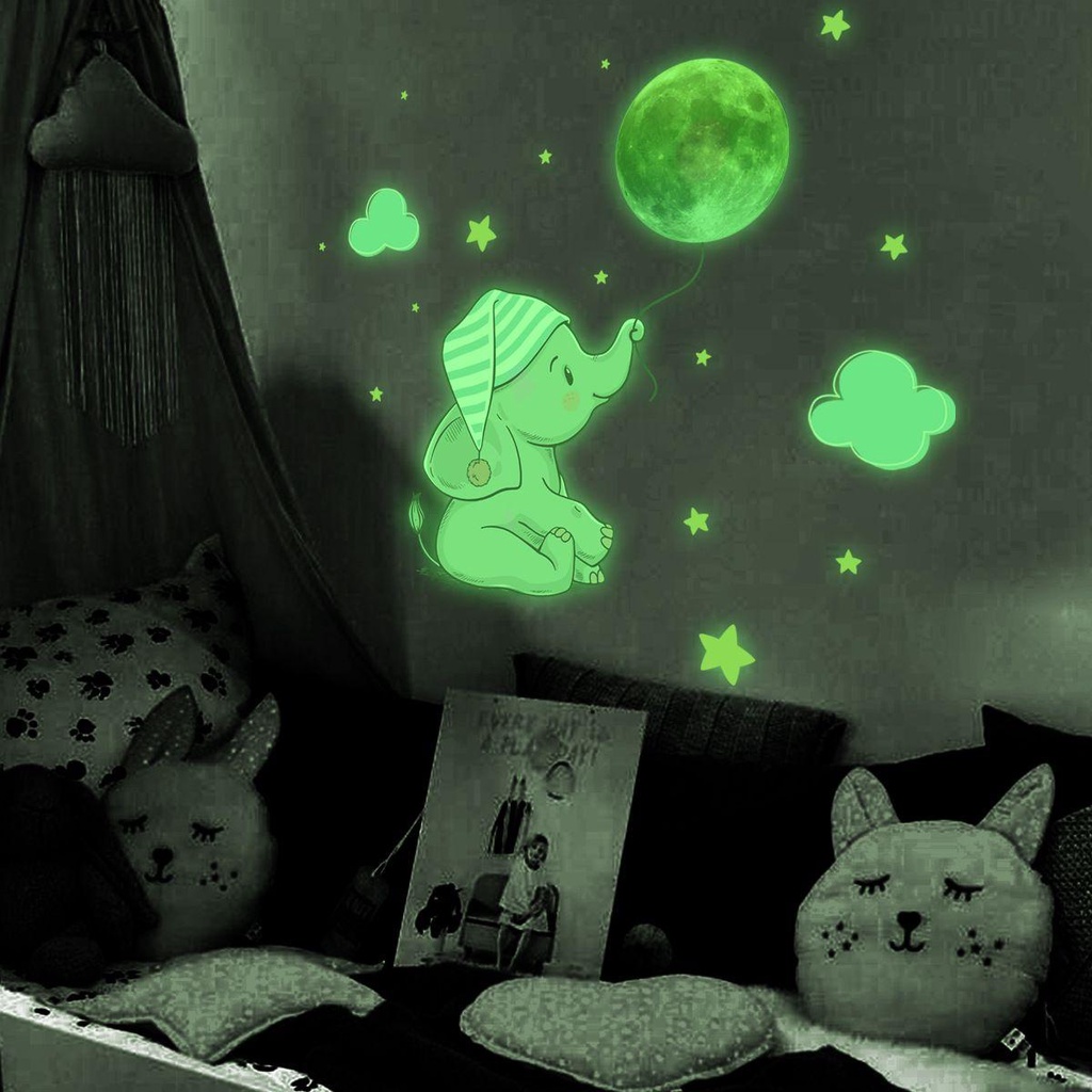 R-flower Luminous Wall Sticker Moon Dekorasi Rumah Kamar Anak Kamar Tidur Bayi Kartun Stiker Dinding