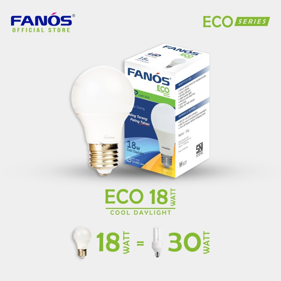 Fanos Lampu Led Eco 18 Watt - Bohlam Bergaransi 18W 18Watt 18 W Putih Cool Daylight