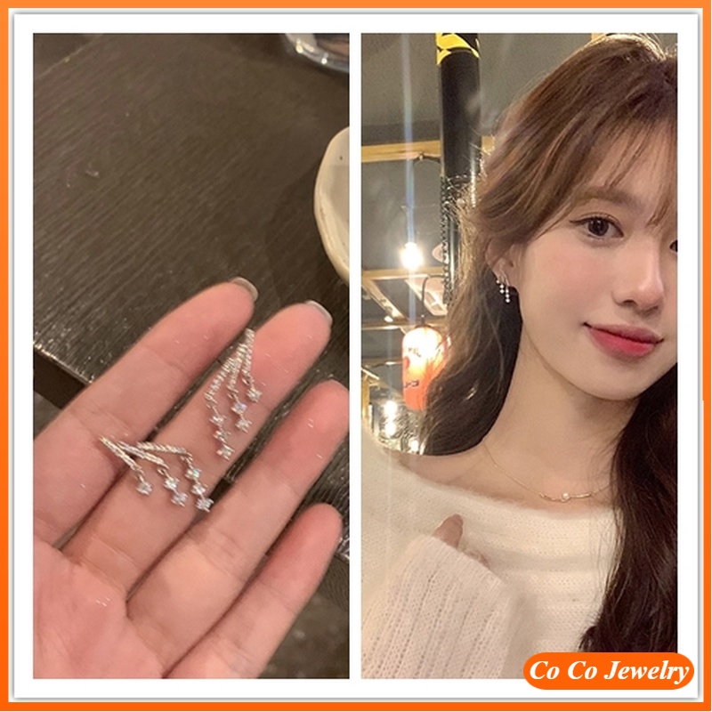 Anting Jarum Silver S925 Gaya Korea Anting Zircon Rumbai Halus Untuk Wanita