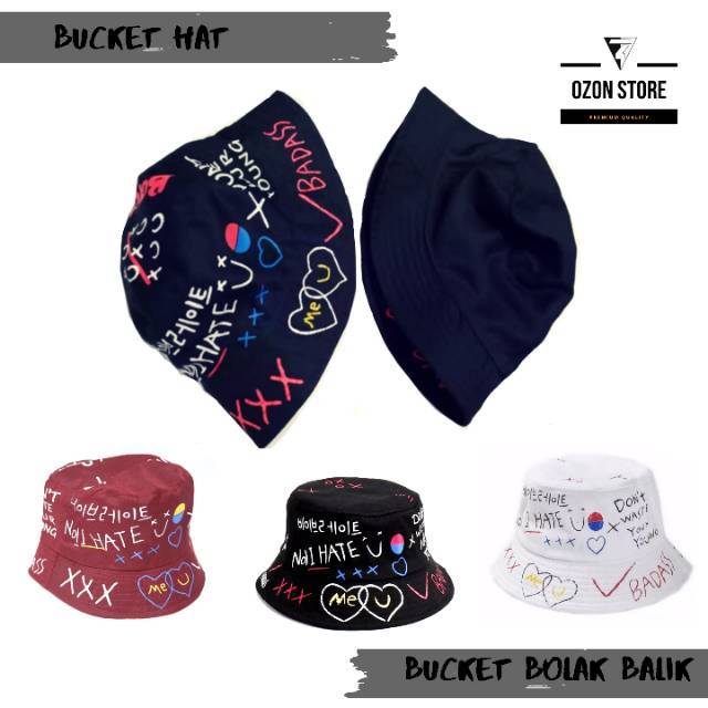 Topi Bucket Sablon Premium Bolak Balik / Topi Bucket Pria Wanita Hat Sablon BADAS