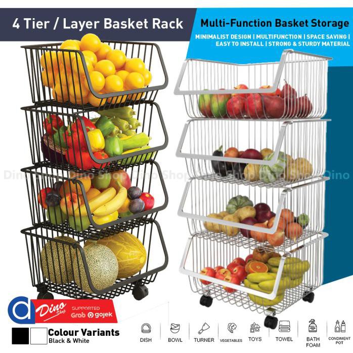 RAK DAPUR KERANJANG BUAH SAYUR STAINLESS BASKET RACK PORTABLE 4 SUSUN - HITAM