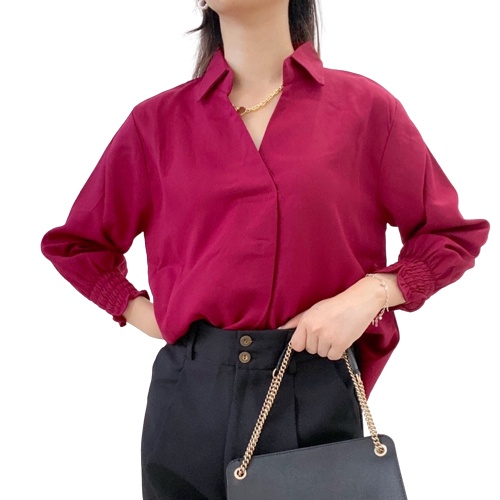 ZASKIYA - KARA V-Neck Blouse with Collar / Atasan Wanita Kantor Casual Lengan Karet