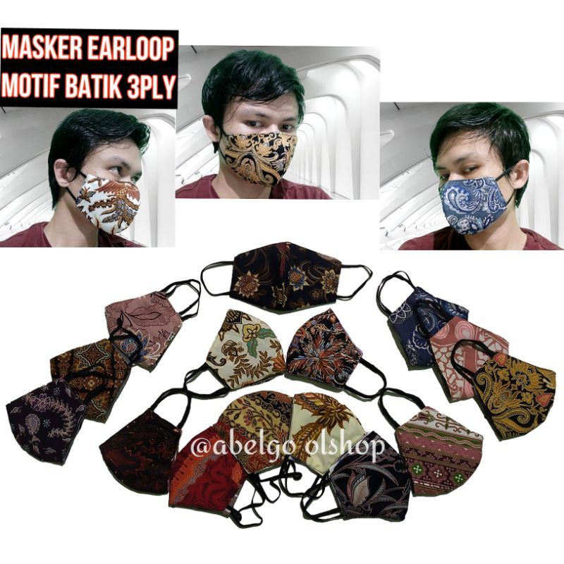 12 pcs- masker kain 3 lapis earloop motif batik tali karet/ masker kain 3ply motif batik