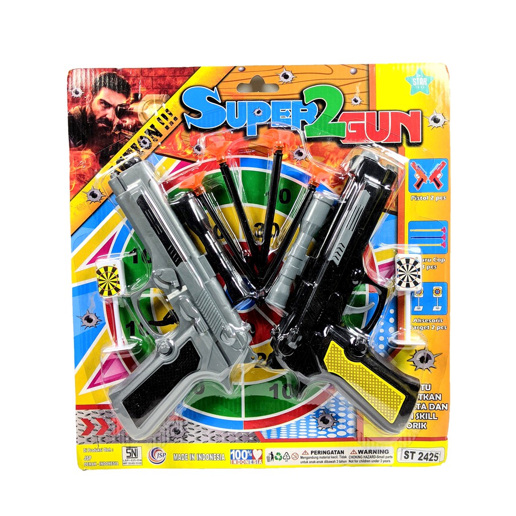 ST2425 Mainan Dual Pistol Cop Hitam isi 2 pc Target Set Press Mika 2425