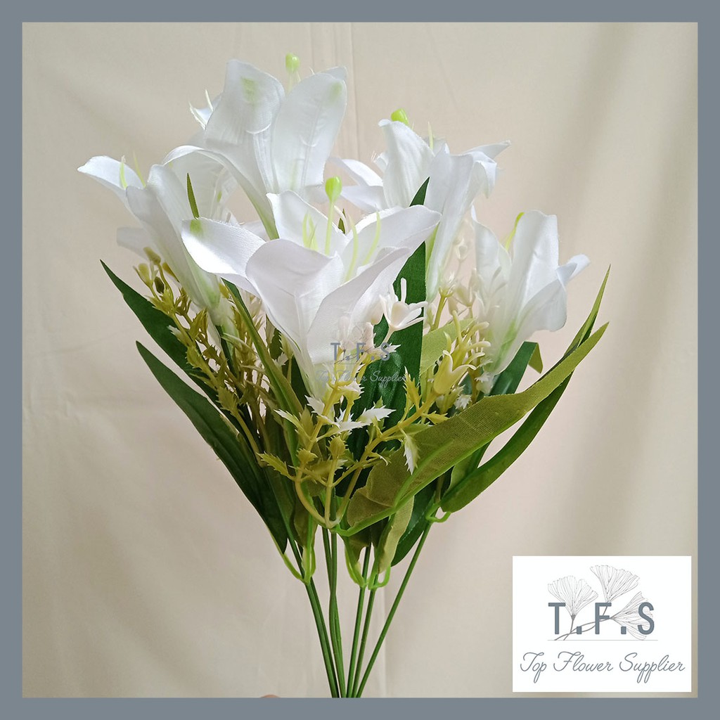 Artificial Lilium Flower Bunga Lily Cabang Palsu Plastik Dekor Pajangan Hiasan Meja Ruang Tamu-WHITE