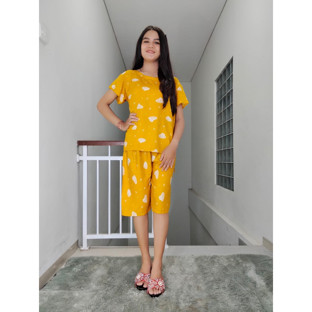 Piyama Pendek Coffee Rayon Super 03-MUSTARD CLOUDY