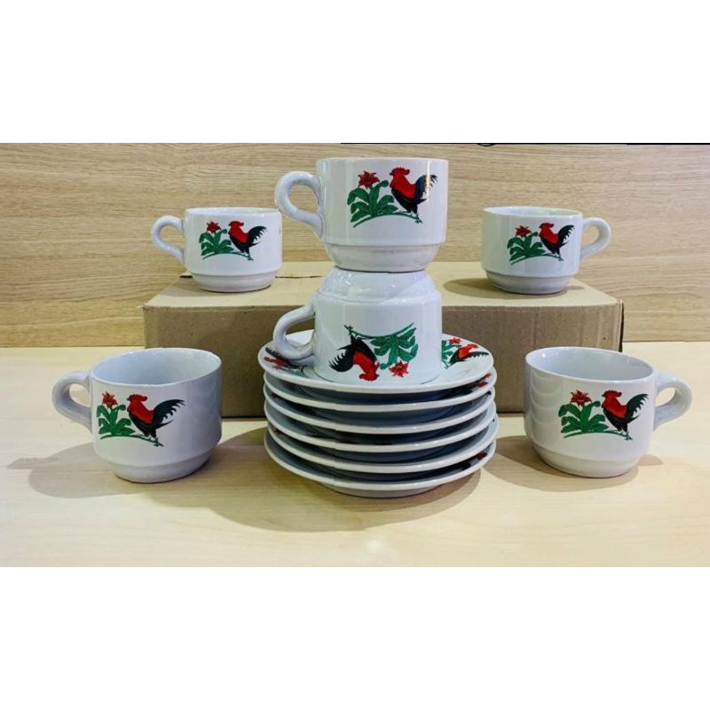 1 set 6pcs gelas dan piring keramik ayam jago/gelas kopi/gelas teh