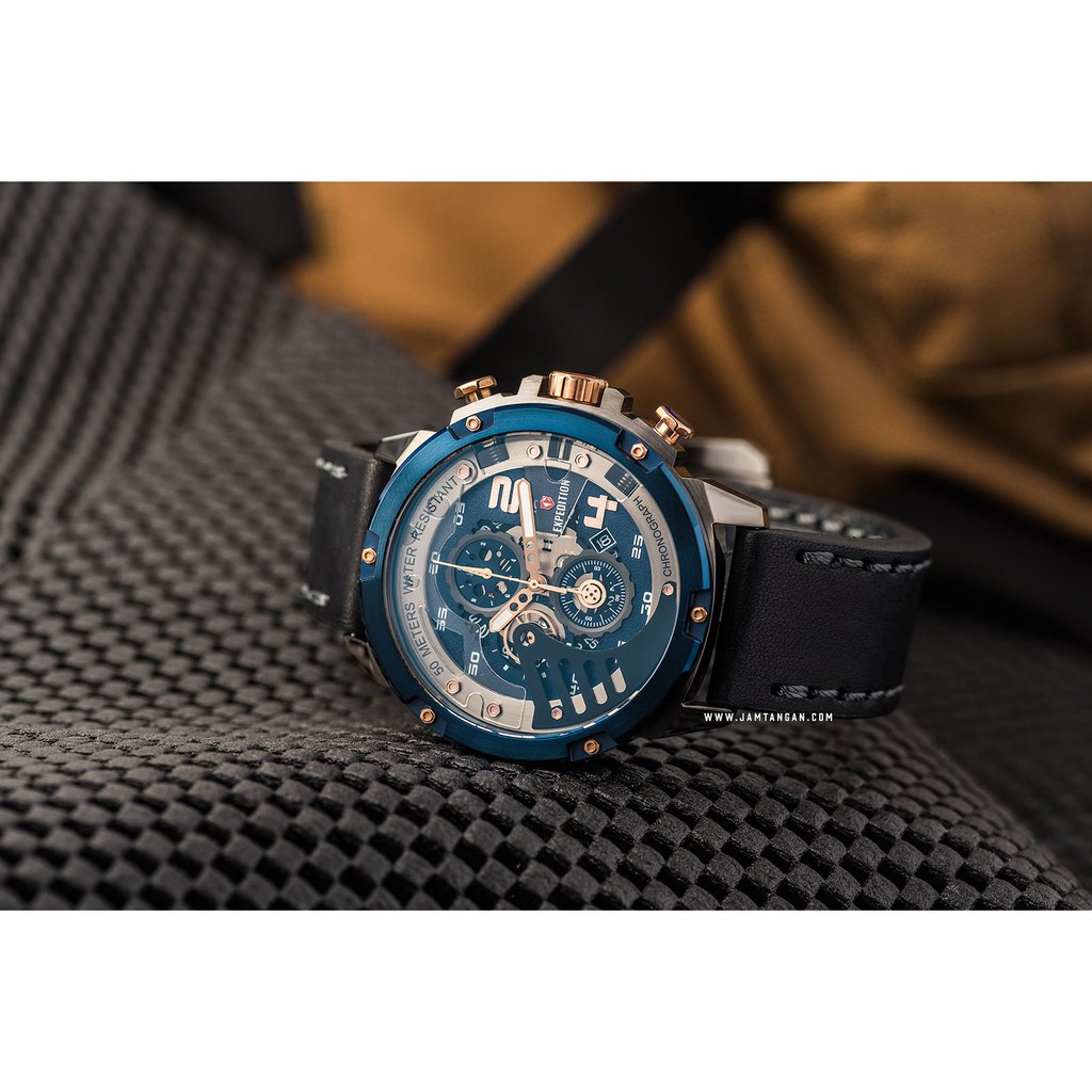 Expedition E 6700 MC LGUBU Chronograph Men Blue Dial Black Leather Strap