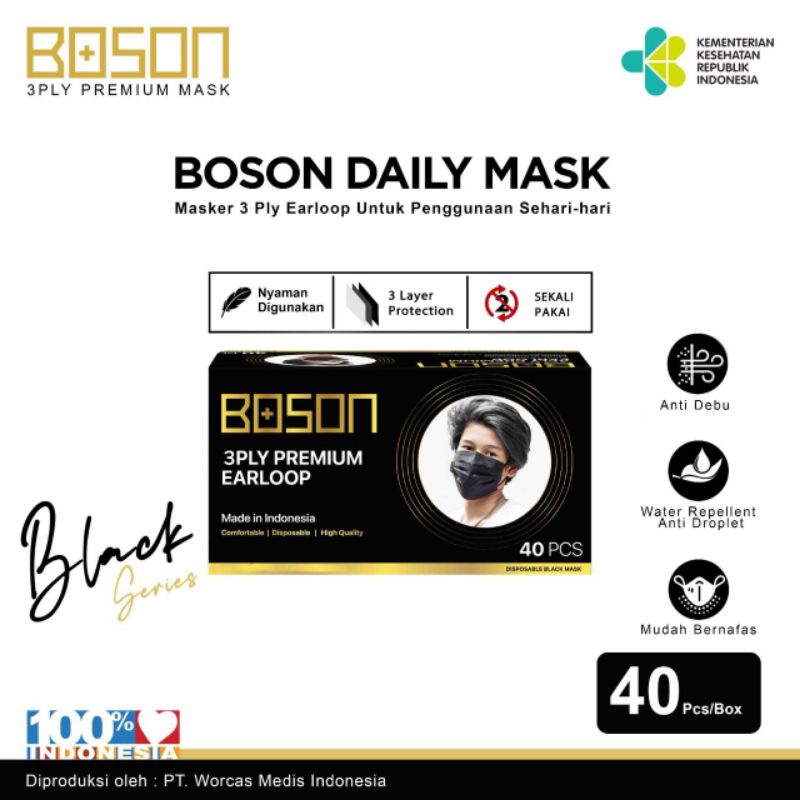 Boson Black Series Premium Masker Earloop 3ply non-medis isi 40pcs - Hitam