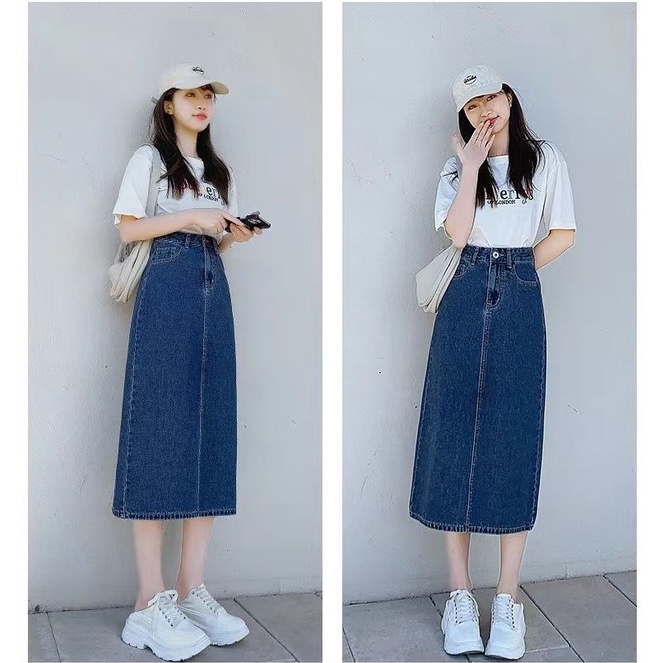 New Korean Rok Jeans Panjang Wanita kembali Slit skirt midi