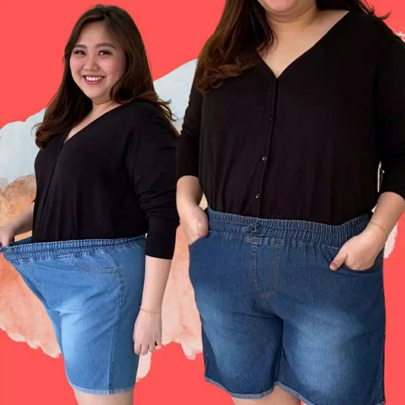 celana pendek jumbo wanita hotpant jumbo jeans pendek pinggang kolor big size