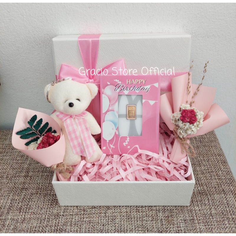 GIFT BOX SPESIAL BIRTHDAY NUANSA PINK HAMPERS LOGAM MULIA ANTAM 1 GR