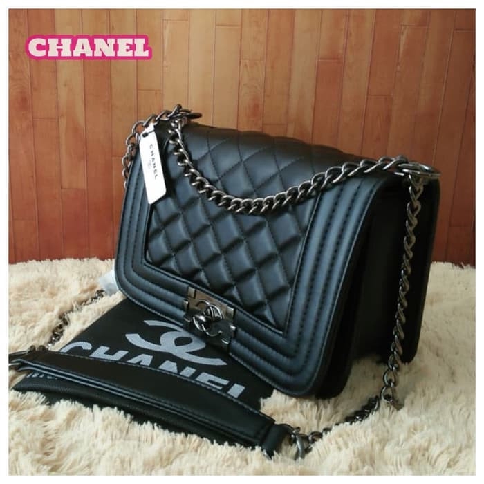 Tas import cewek, Tas Slempang Rantai Wanita Branded Channel Boy Black