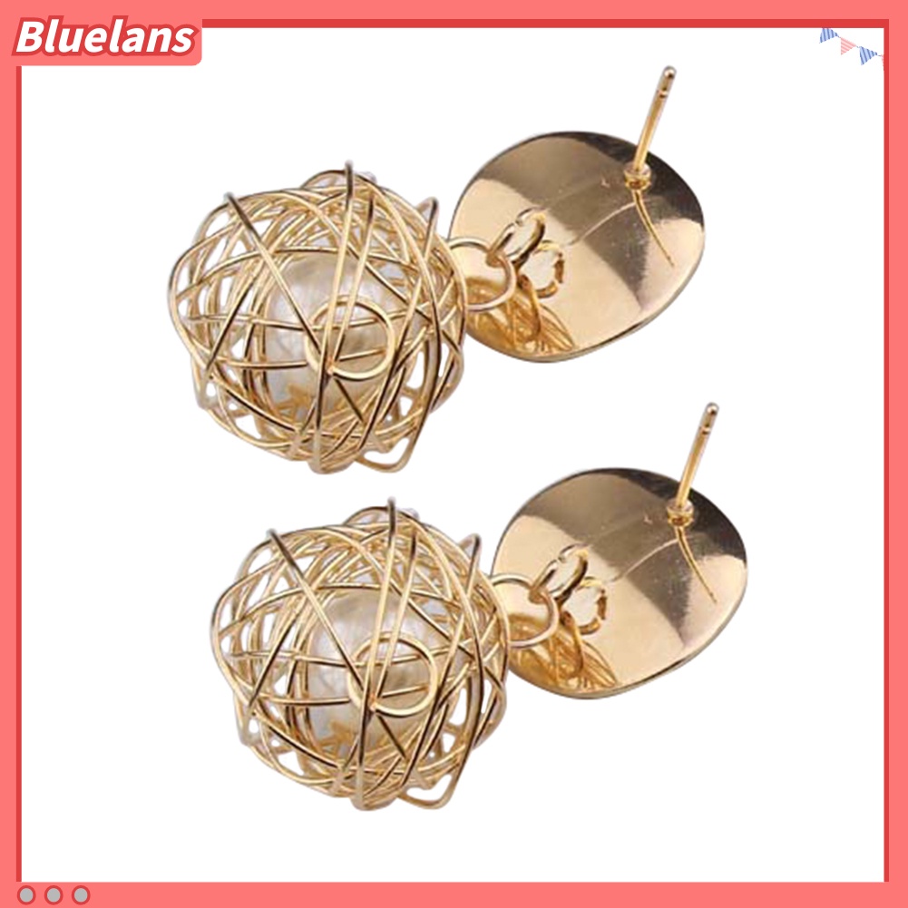 Bluelans Women Fashion Geometric Woven Hollow Ball Faux Pearl Drop Earrings Jewelry Gifts