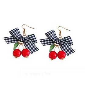 Anting Korea Wanita Kekinian Red Cherry Pita Kotak-kotak