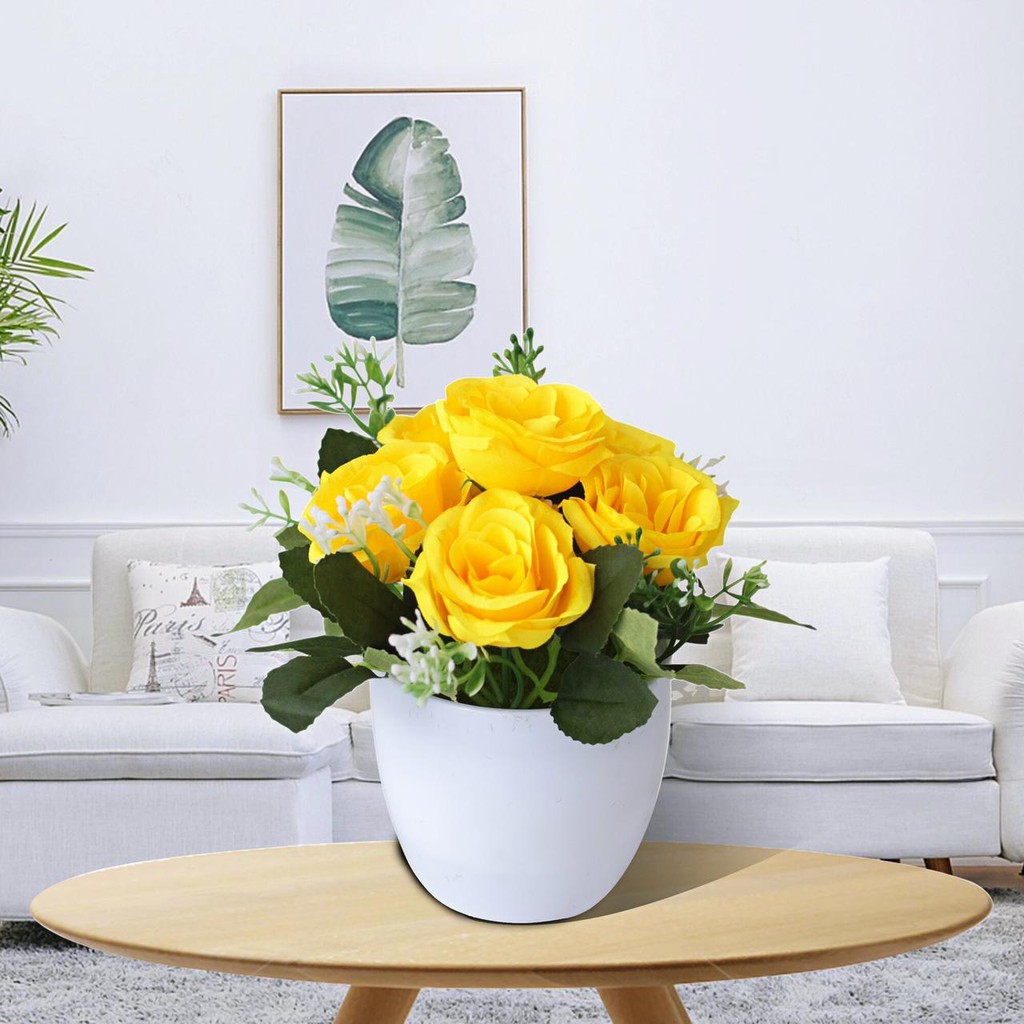 AM812 Bunga Plastik / Pajangan Bunga Artificial / Vas Bulat-Kuning