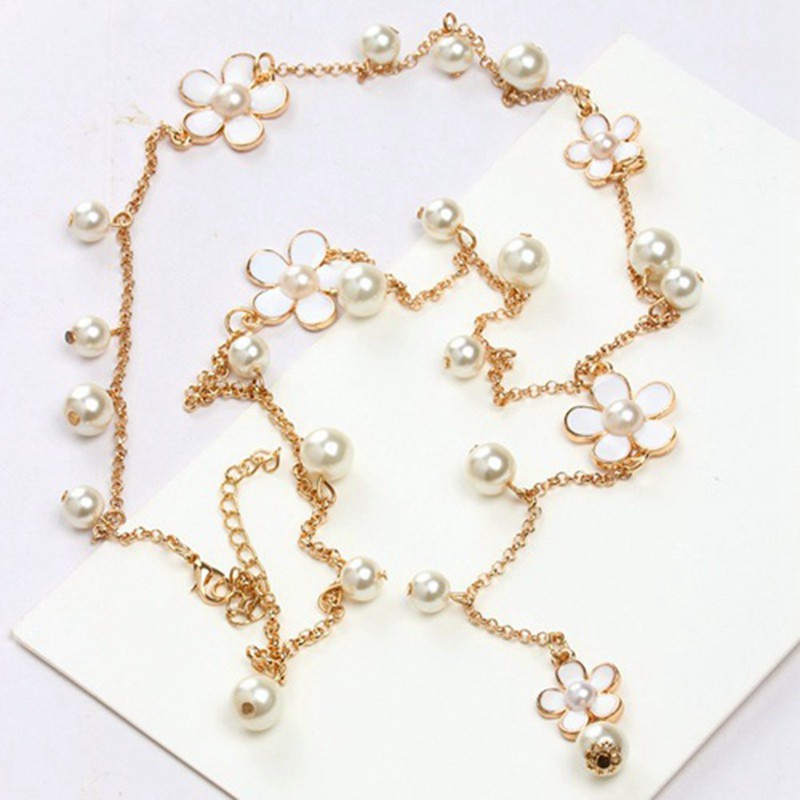 【Hot sale】 Elegant Flower Faux Pearls Sweater Chain Long Pendant Necklace