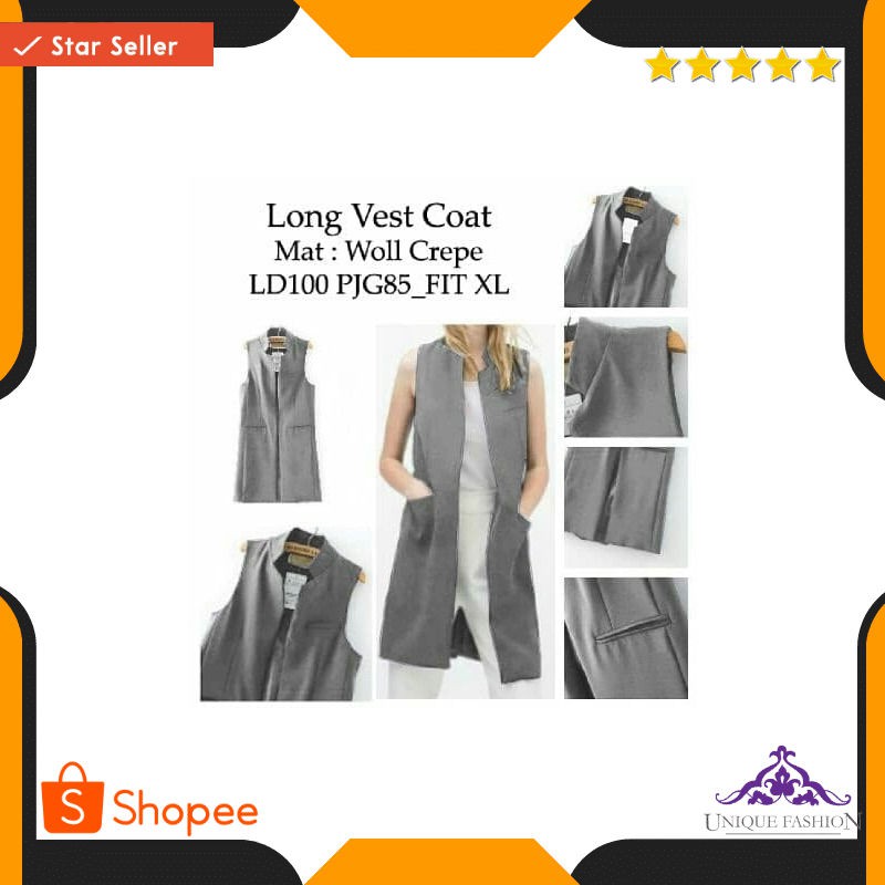 Long Vest Coat Grey Ro Vest Wanita Woll Crepe Abu Abu