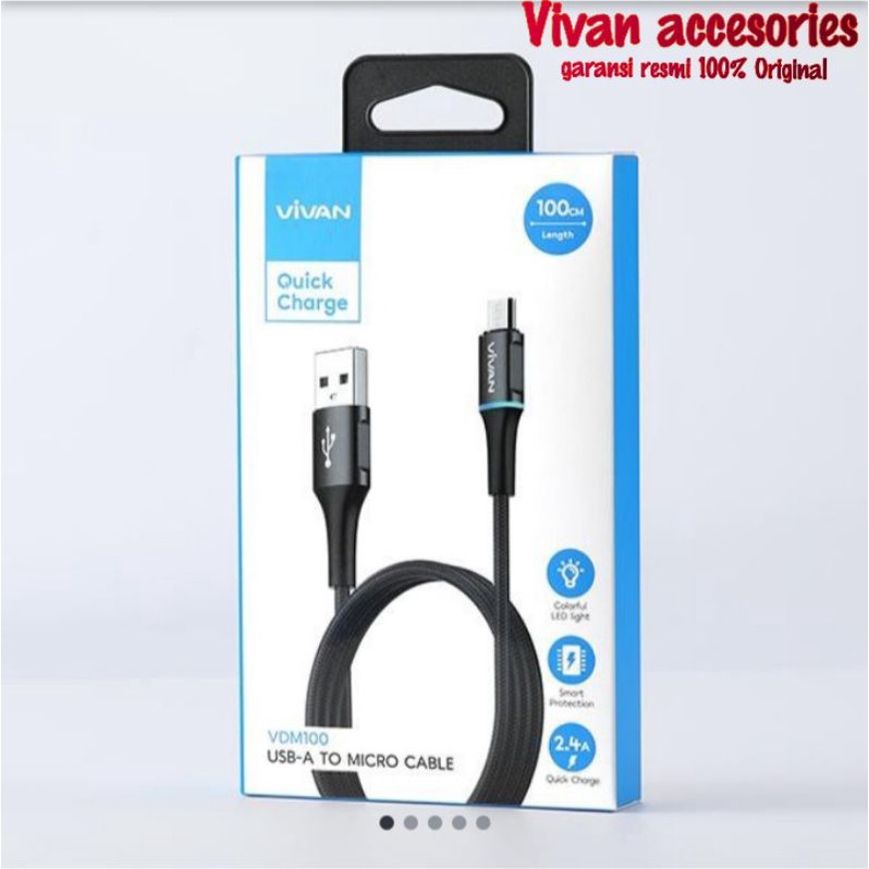VIVAN Kabel Data VDM100 2.4A DAta Kabel Micro USB Android 1M LED Light Quick Charge Garansi Original