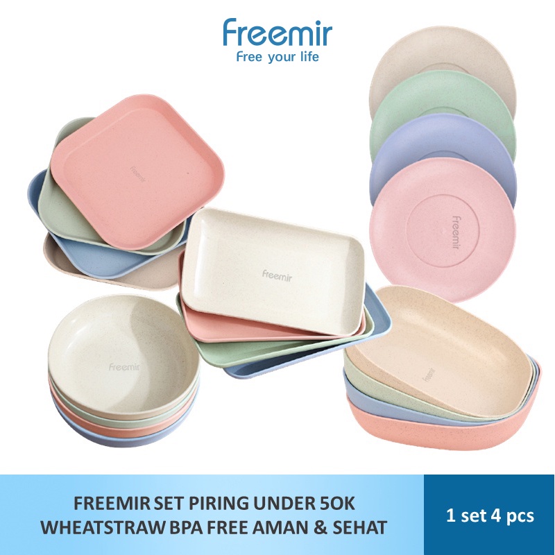 Freemir Set 4 Pcs/ Wheat Straw /Jerami Gandum /Warna Warni/ Dinner Plate Piring/ Makan Piring