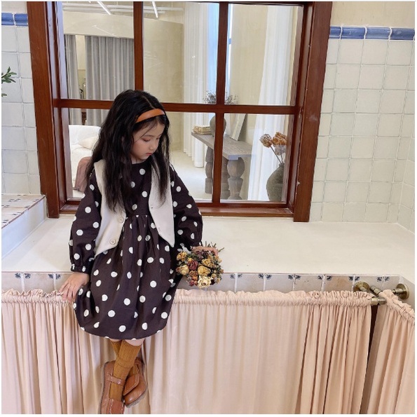 Dress Anak Perempuan Import POLKADOT HITAM ROMPI CREAM lengan panjang PREMIUM