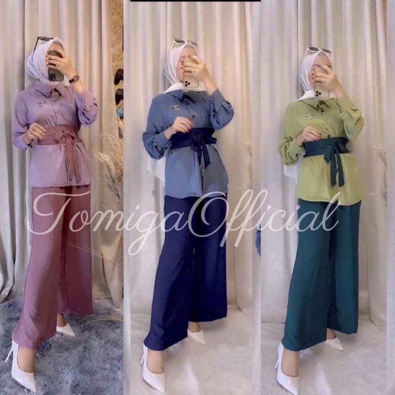 Juana One Set Baju Setelan Wanita Kekinian Ootd Wanita Set Baju Wanita Ayi Set Crinkle Free Belt /