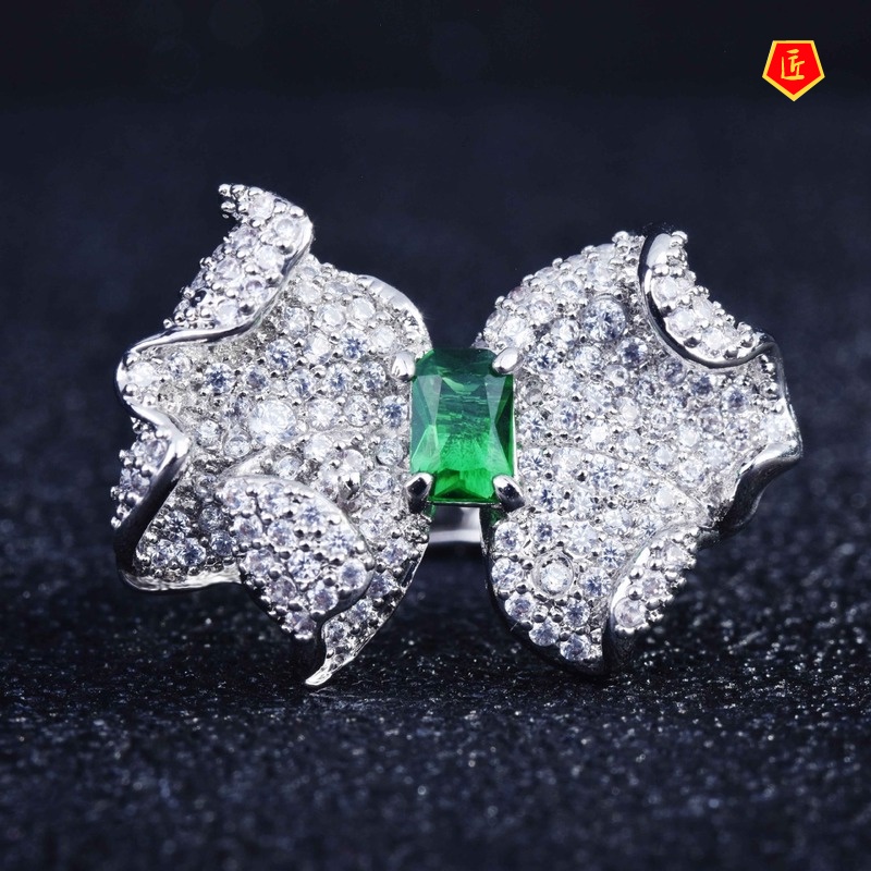 [Ready Stock]Luxury Fashion Micro Inlay Full Diamond Bow Emerald Ring