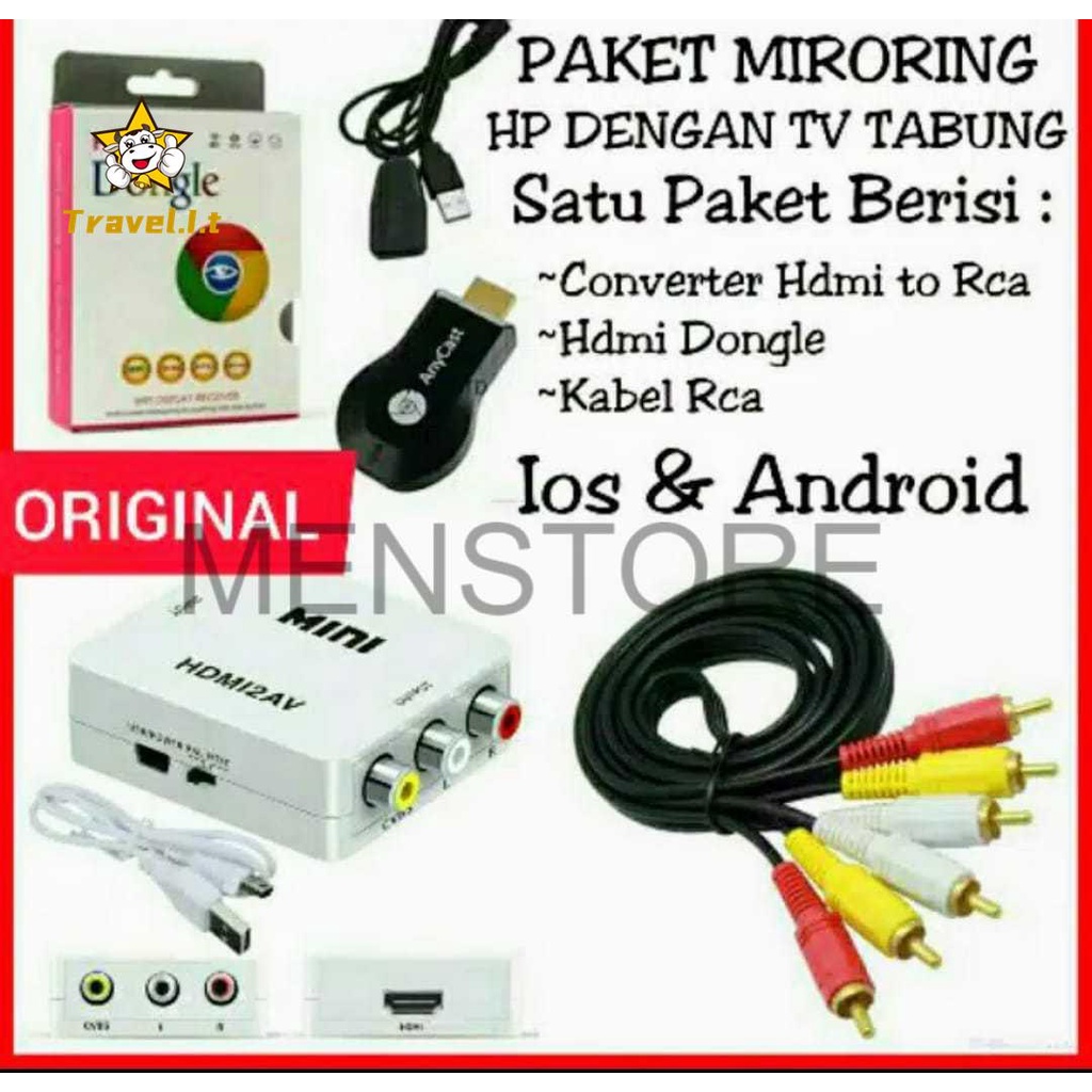 Kamera & DroneMENSTORE - Paket lengkap sambungan HP android ke TV tabung (anycast dongle + hdmi2av )