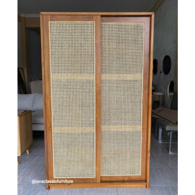 ALMARI PAKAIAN CUSTOM LEMARI SLEDING ROTAN MINIMALIS RETRO VINTAGE CABINET PINTU 2 LACI DALAM NATURA