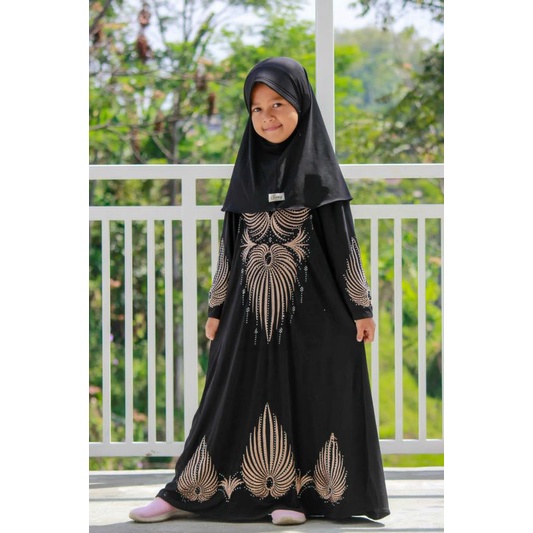 Pakaian anak muslimah bordir set kerudung abaya anak kids abaya hitam