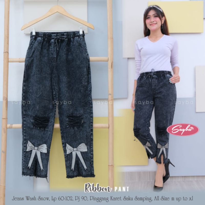 Ribbon Jeans Blue Snow And Black Snow Acid (Celana Jeans Wanita)