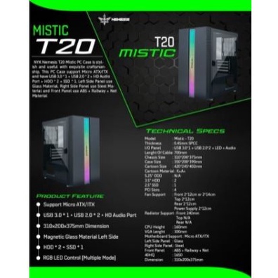 Casing Komputer Gaming NYK Mistic T20 Micro ATX Glass LED RGB include 1Fan - PC Case