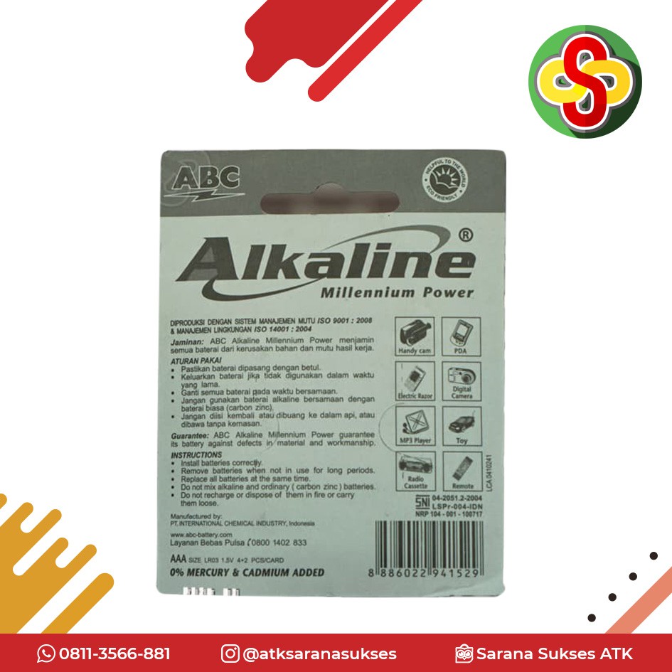 Baterai ABC Alkaline AAA LR03 4 Bonus 2 (Isi 6 pcs)