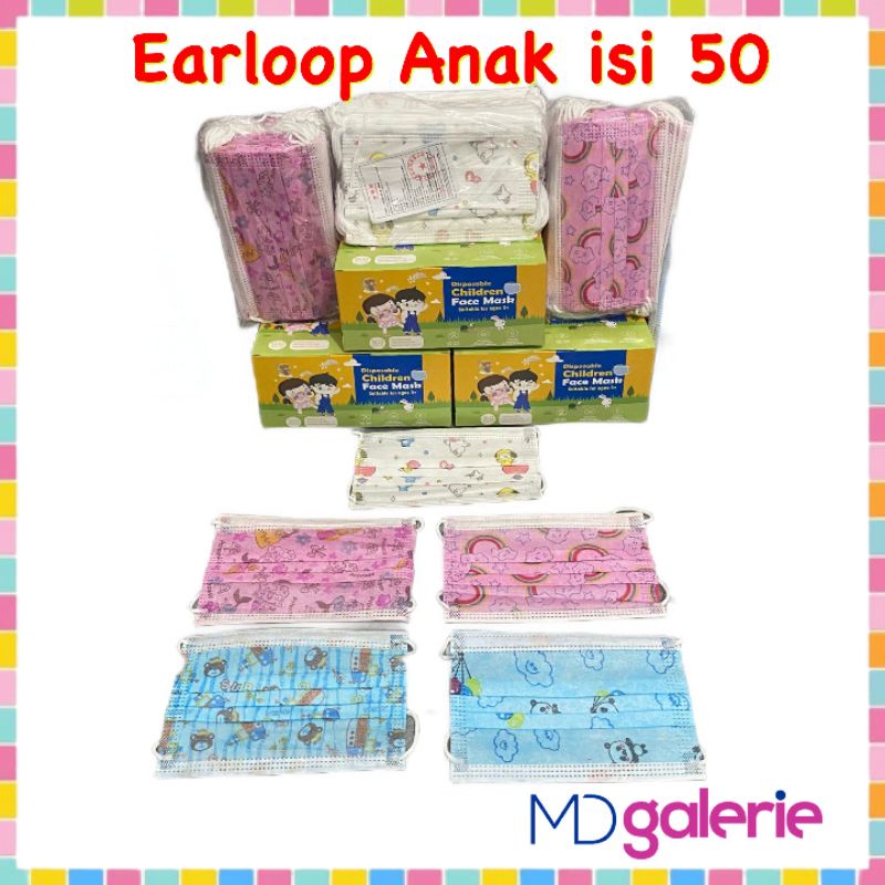 ENZ ® Masker Anak Karakter Model Earloop 3ply isi 50 pcs 3 ply / Masker anak cewe cowo 3ply Medical grade 1033